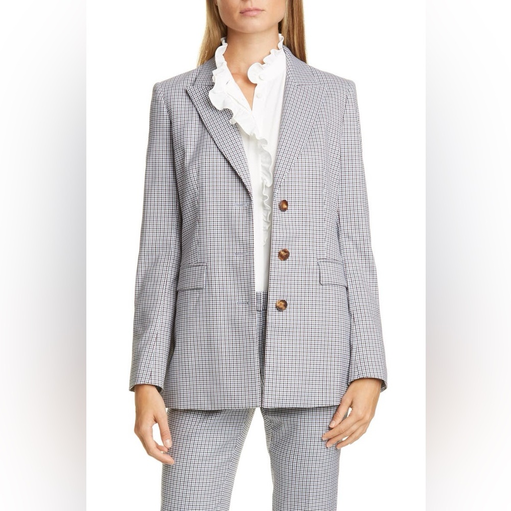 Lafayette 148 New York Maggie Check Blazer Strong Shoulder Tailored Jacket US 6